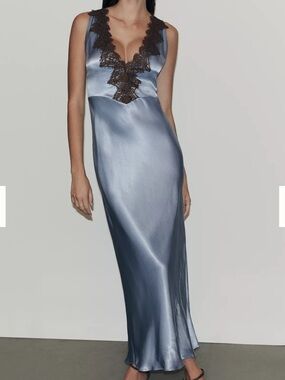 Anthropologey Satin Lace Trim Slip Dress in Steel Blue